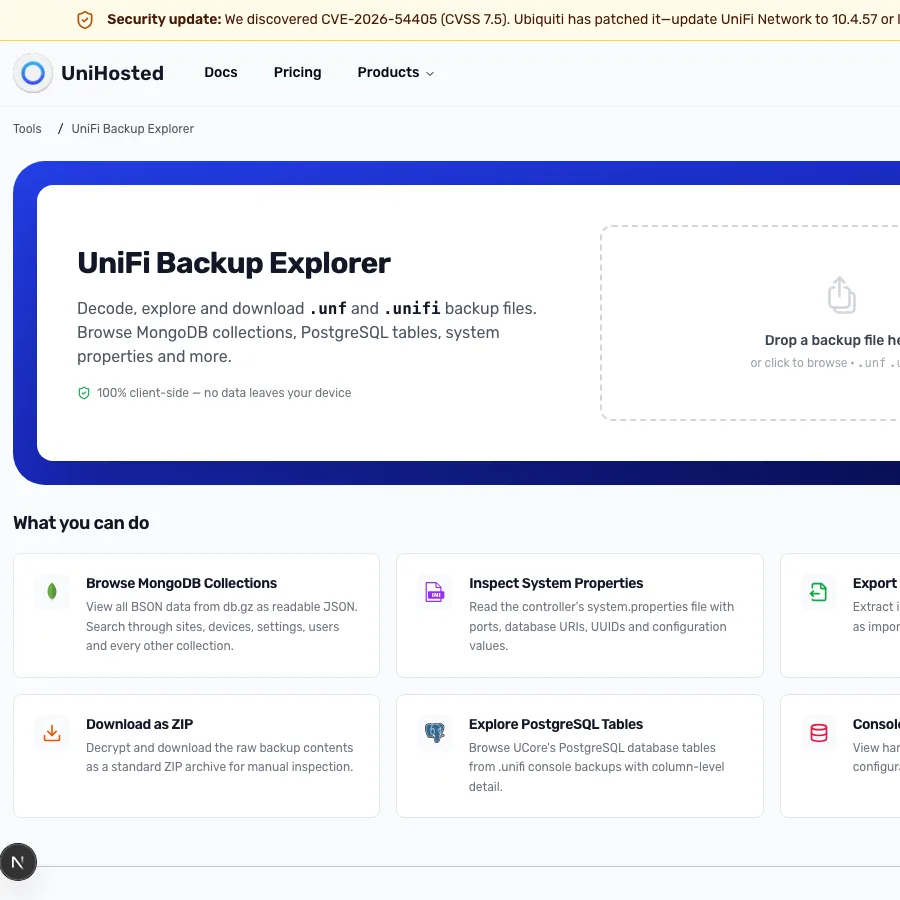 UniHosted Backup Explorer for decrypting and inspecting UniFi backup files in the browser