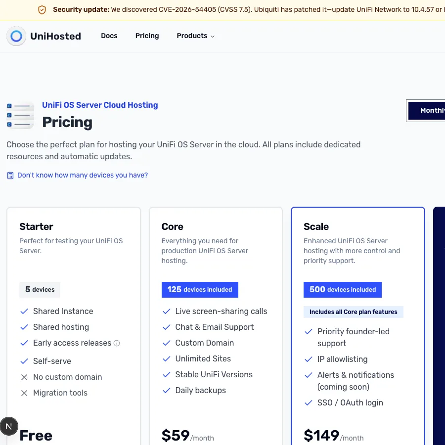 UniHosted UniFi OS Server cloud hosting pricing with a free Starter plan