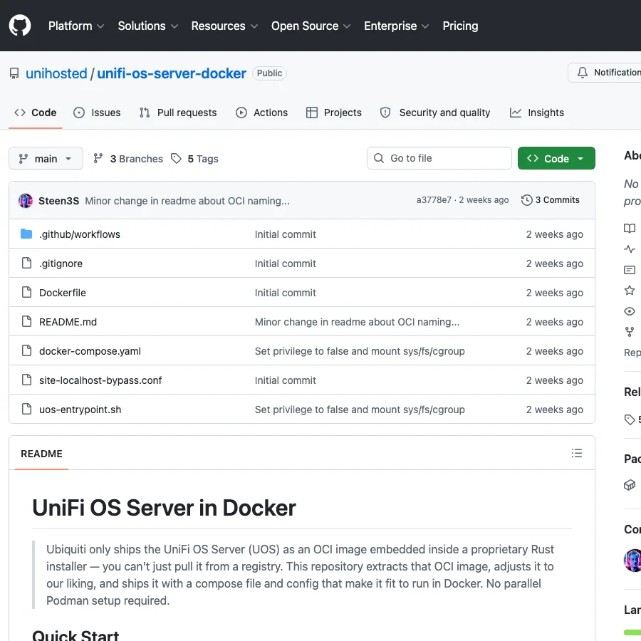 UniHosted open-source UniFi OS Server Docker repository on GitHub